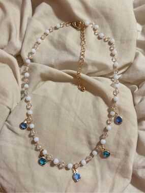 Free People White Beaded Blue Crystal Charm Statement Necklace